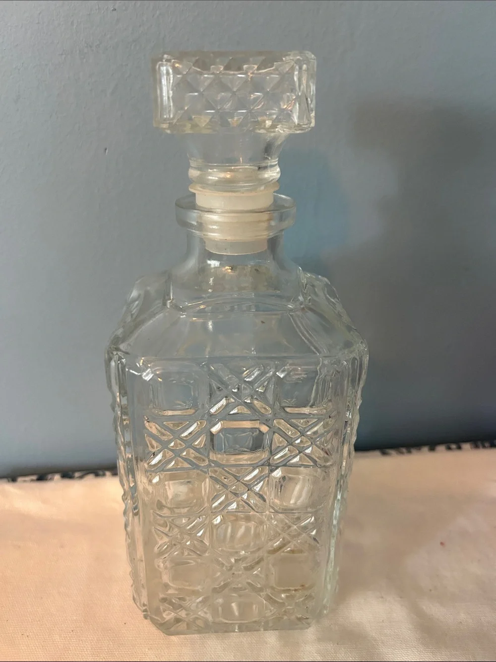 Vintage Clear Glass Cut-Pattern Decanter with Stopper -